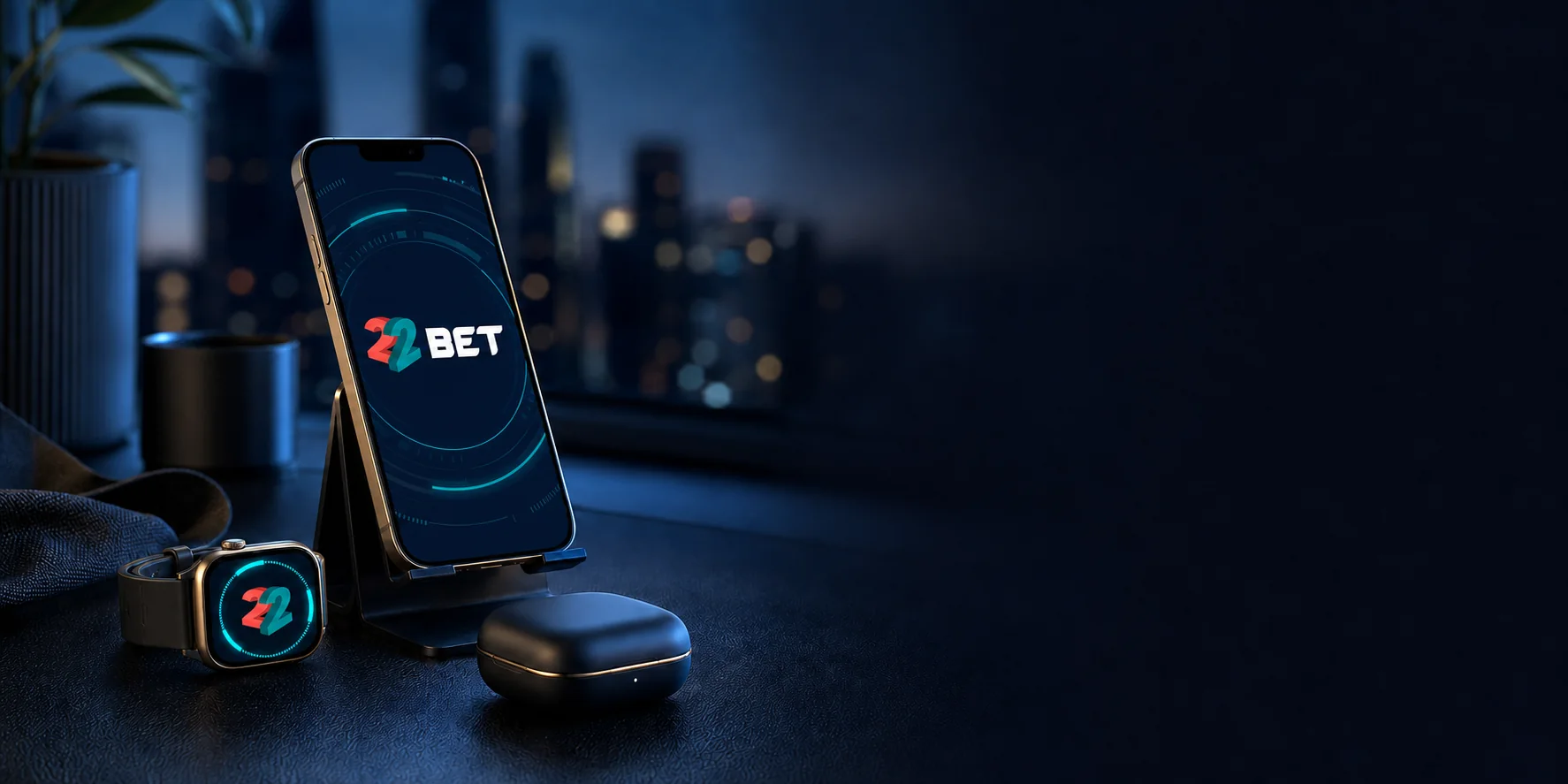 Teléfono y reloj con identidad visual de 22BET en un escritorio nocturno