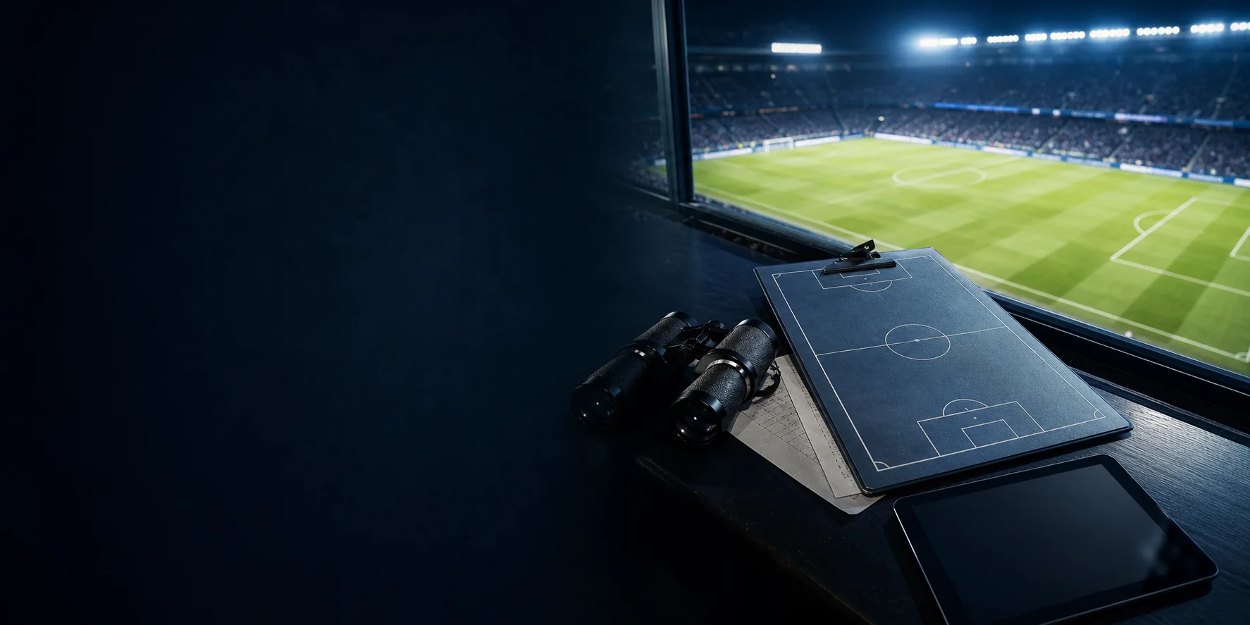 Mesa de análisis deportivo con pizarra táctica en un palco de estadio