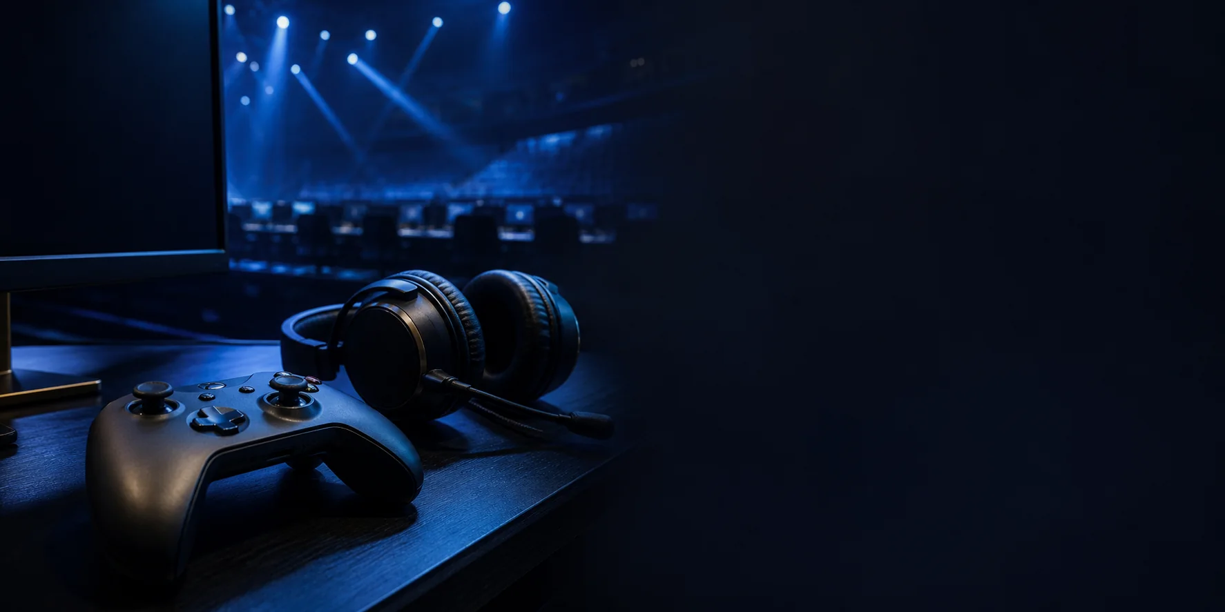 Control y auriculares de eSports ante una arena iluminada