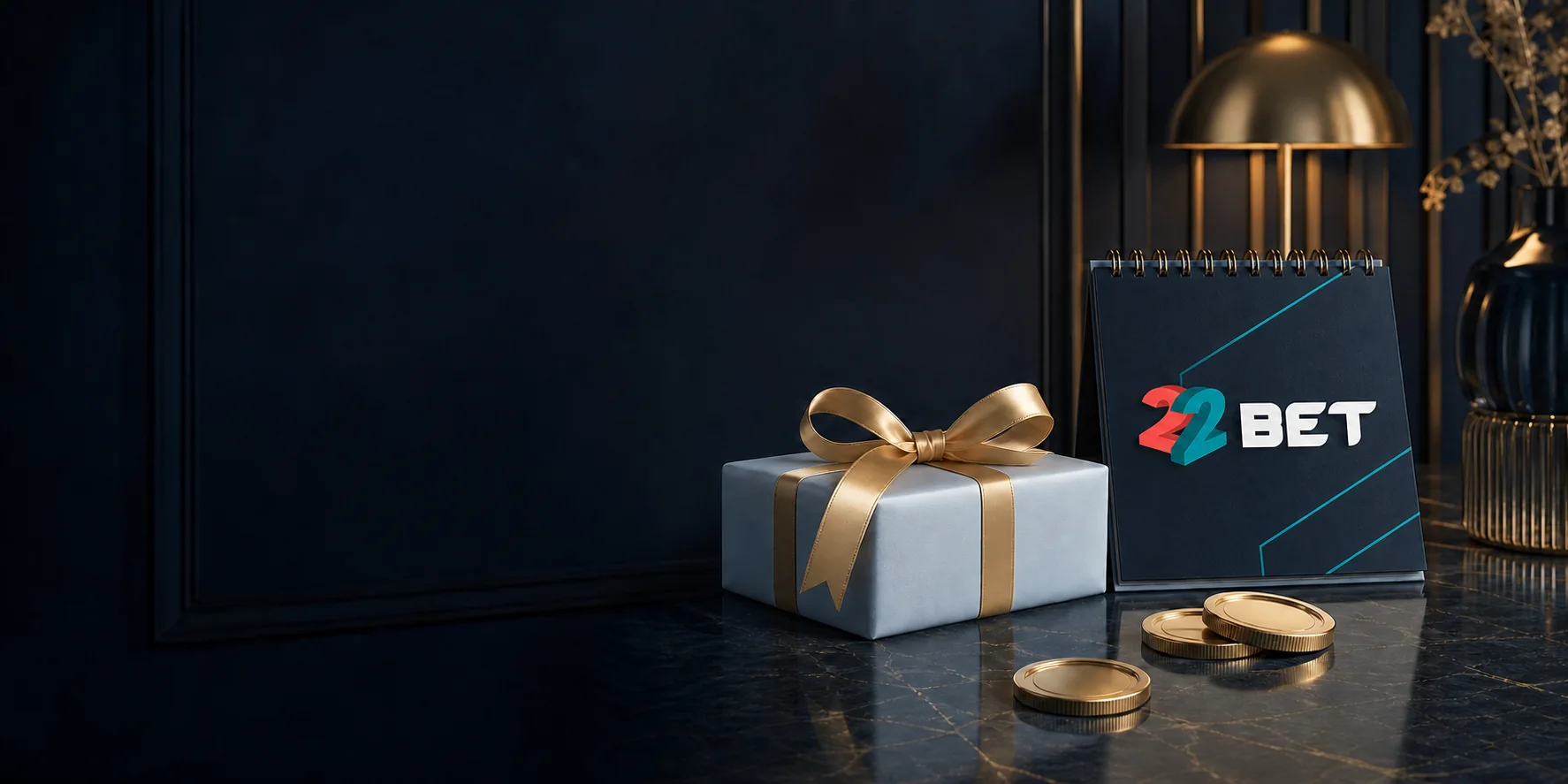Calendario con identidad visual de 22BET junto a un regalo y fichas doradas