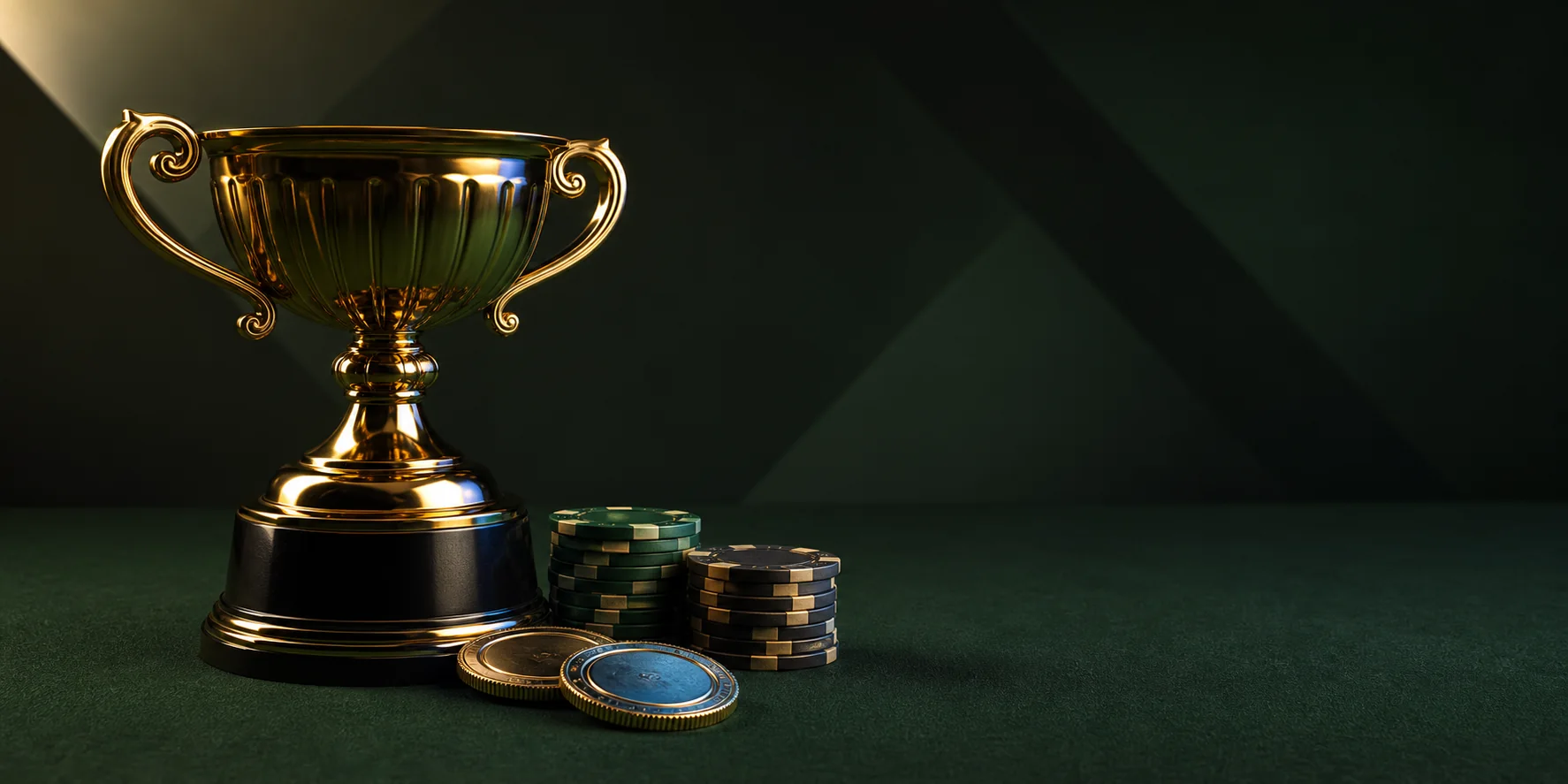 Trofeo dorado y fichas sin marca sobre una mesa verde