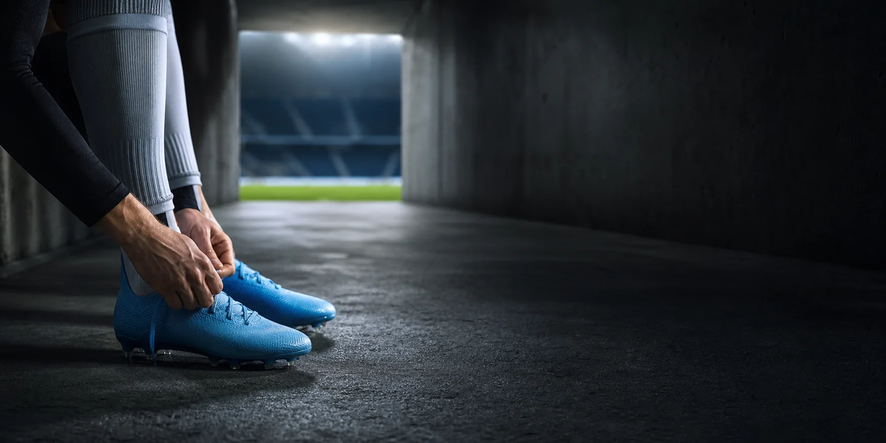 Futbolista ajustando sus botines antes de entrar al campo