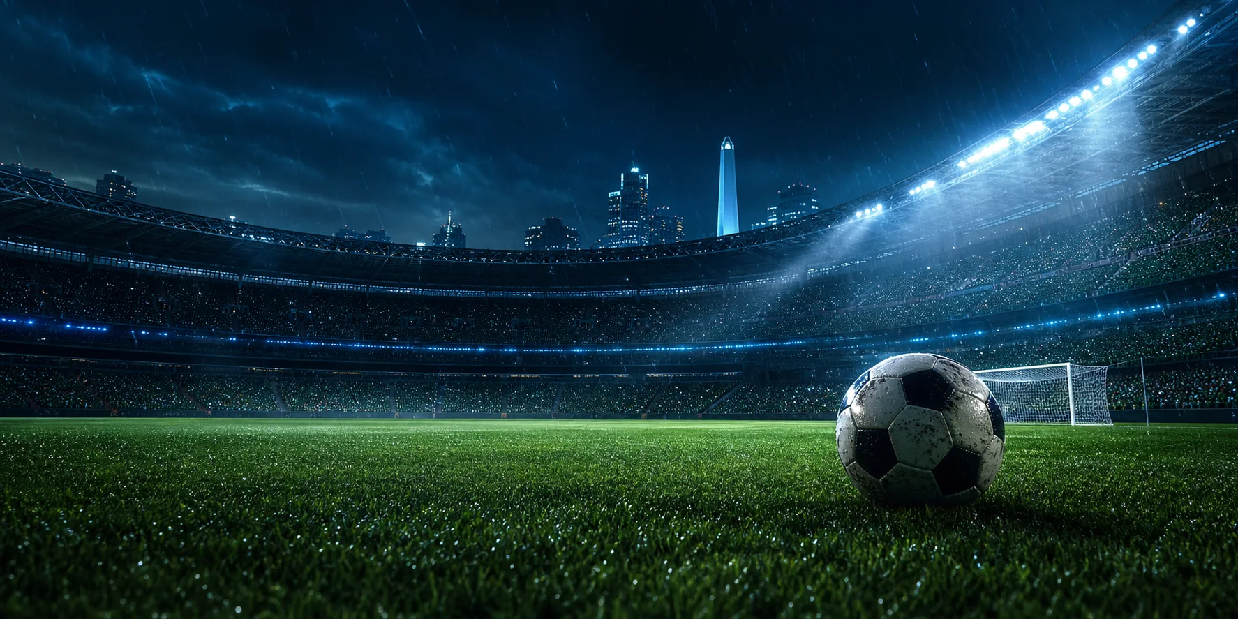 Balón de fútbol en un estadio nocturno bajo la lluvia